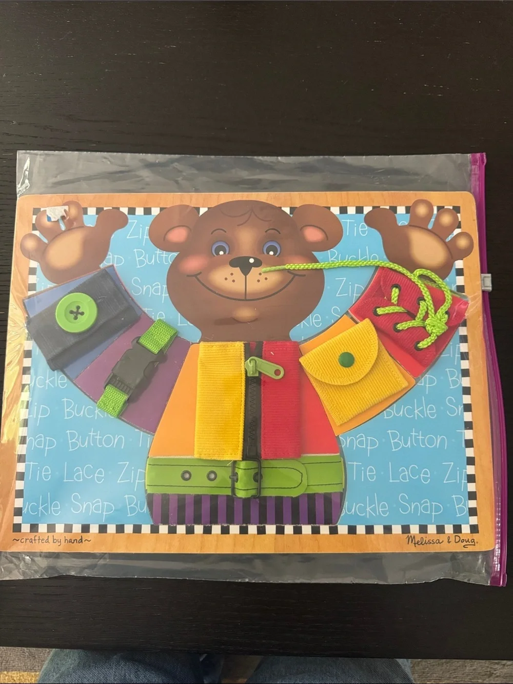 Melissa & Doug Bear wood puzzle life skills-zipper, buckle, snap, lace, button